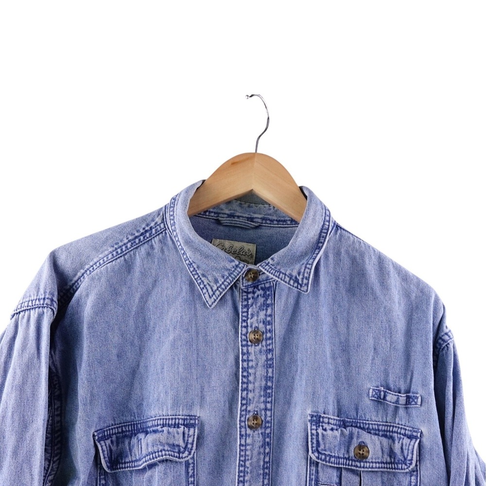 Cabelas Legendary Quality Mens L Blue Denim Long‎ Sleeve Button Up Shirt